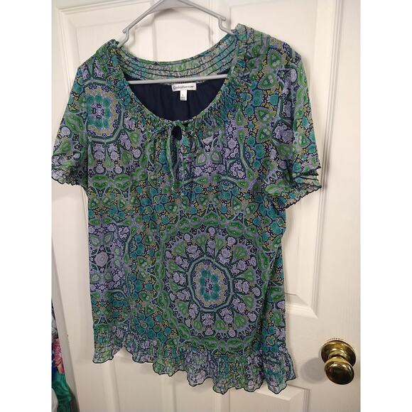 Croft&Barrow Woman L Blouse Blue Green Medallion Artsy Short Sleeve Pullover - Picture 2 of 10